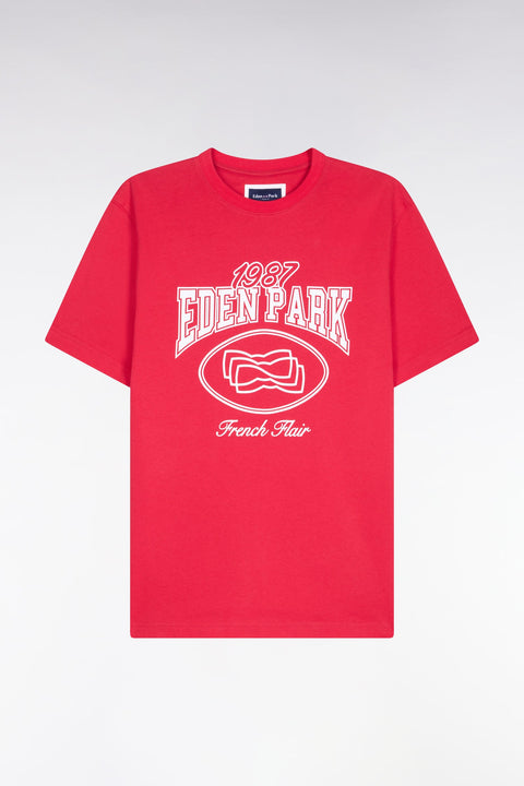 T-shirt à manches courtes en coton rouge sérigraphie écrue coupe regular - Image 2