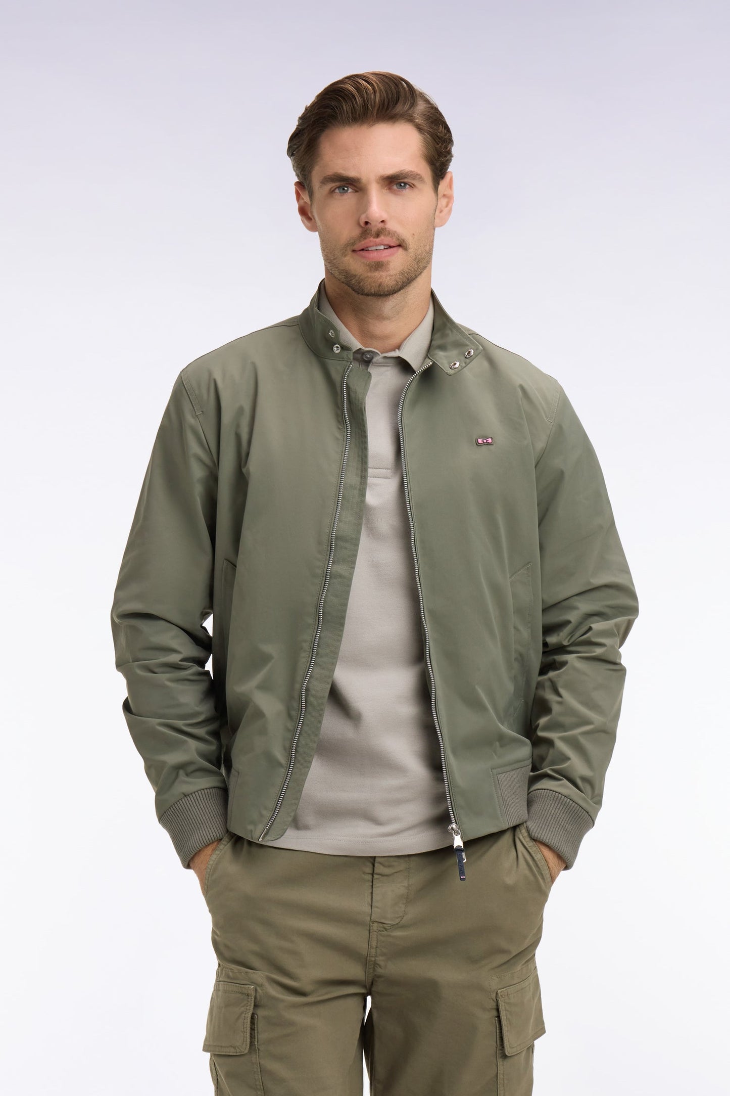 Blouson à col motard en nylon kaki