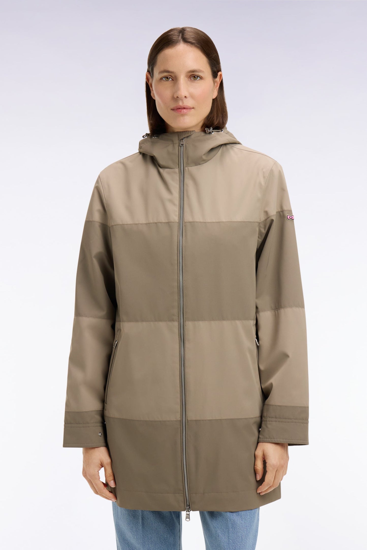 Parka longue kaki à rayures camaïeu et capuche intégrée