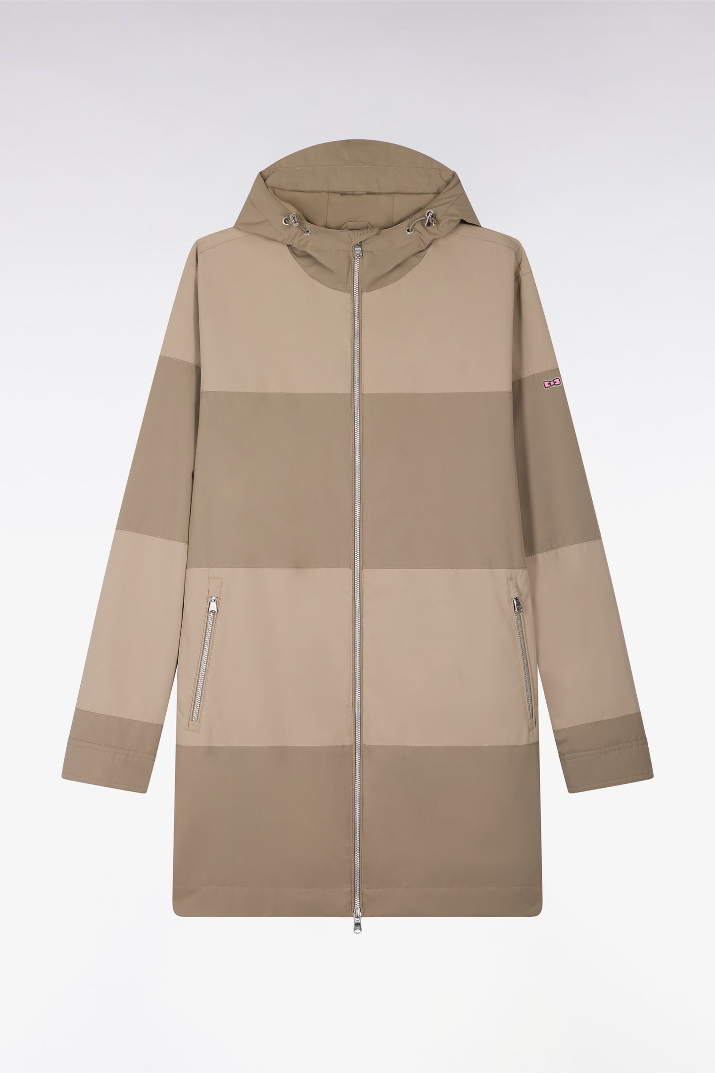 Parka longue kaki à rayures camaïeu et capuche intégrée