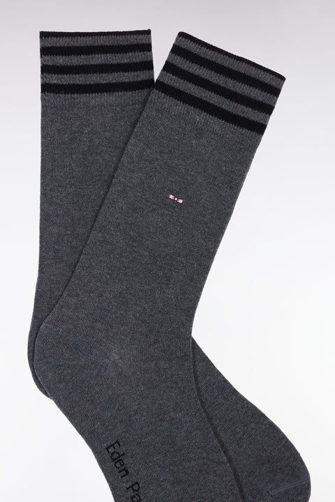 Chaussettes en coton stretch mélangée grises à bordures rayées - Image 2