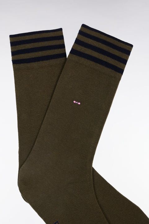 Chaussettes en coton stretch mélangée kaki à bordures rayées - Image 2