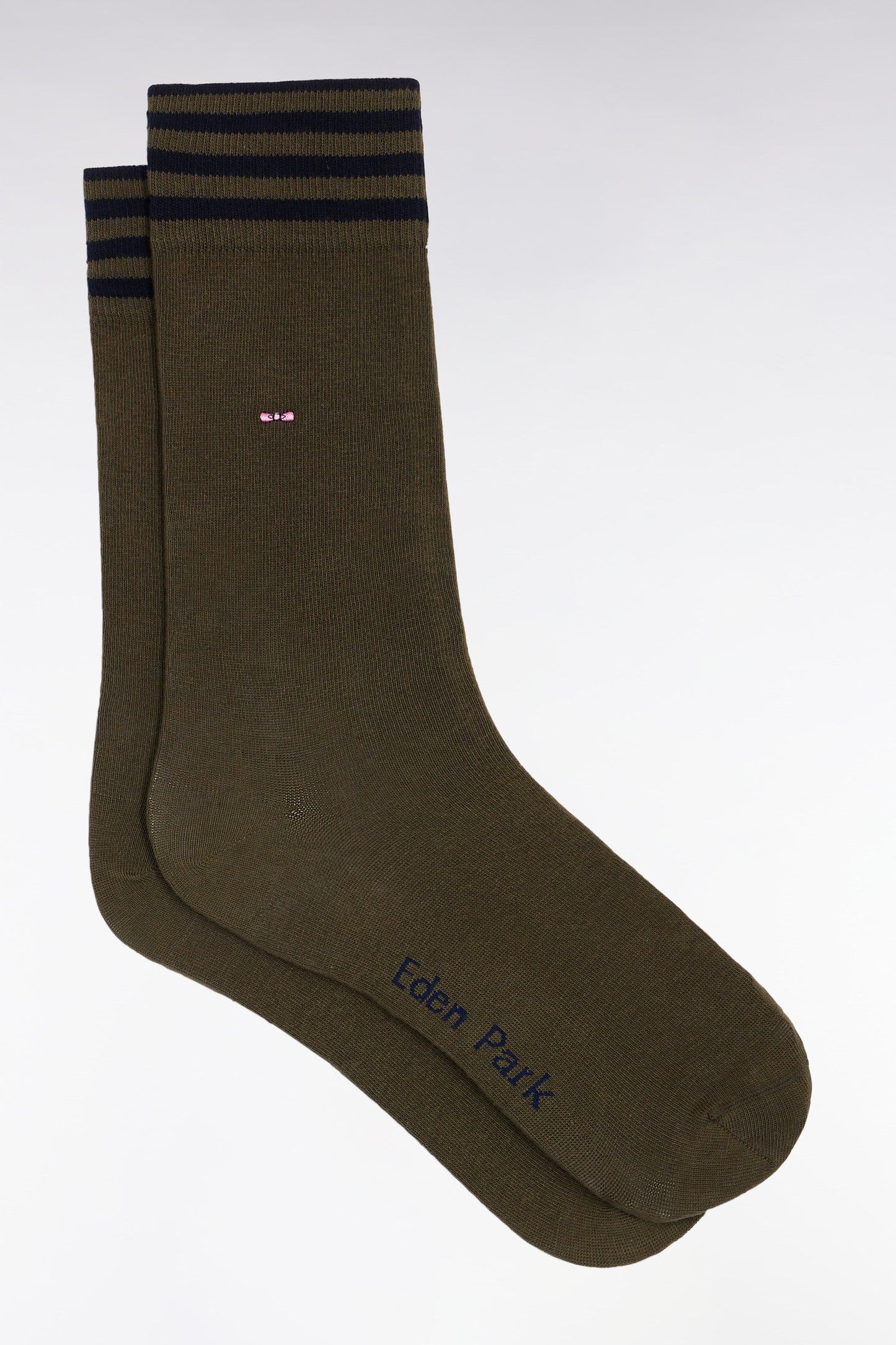 Chaussettes en coton stretch mélangée kaki à bordures rayées