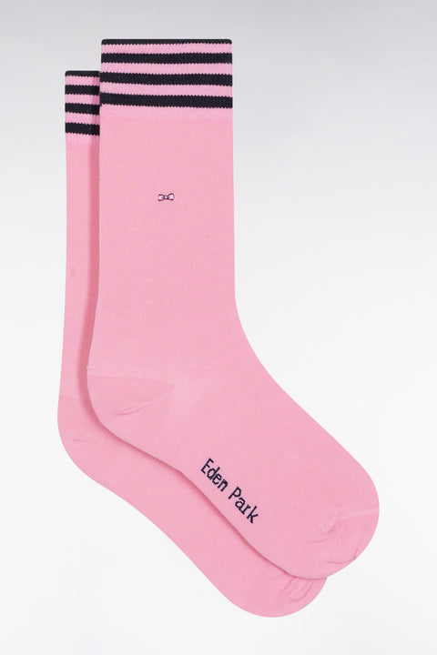 Chaussettes en coton stretch mélangée roses à bordures rayées - Image 1