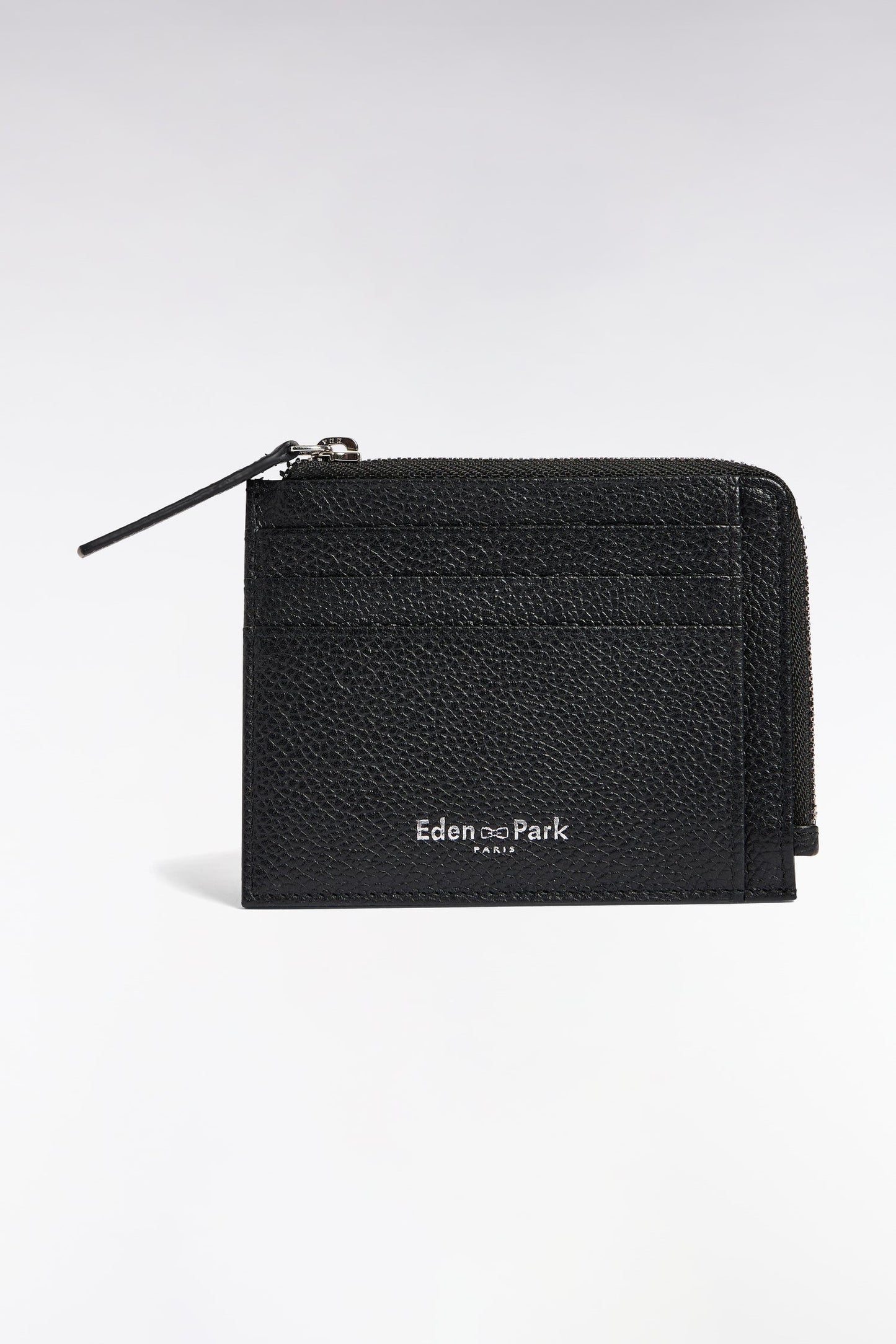 Porte-cartes zippé en cuir grainé noir