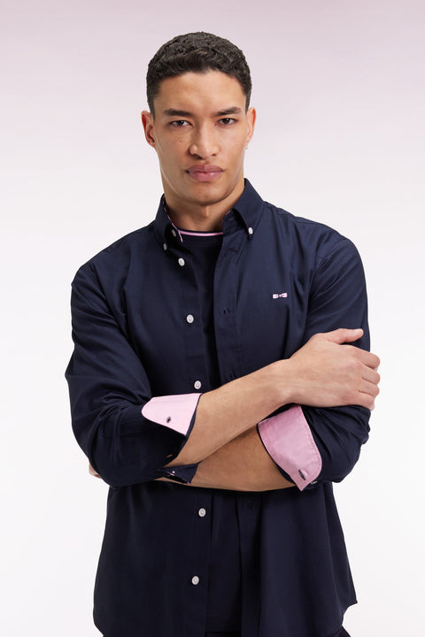Chemise en coton pinpoint marine broderie 10 dos coupe droite - Image 3