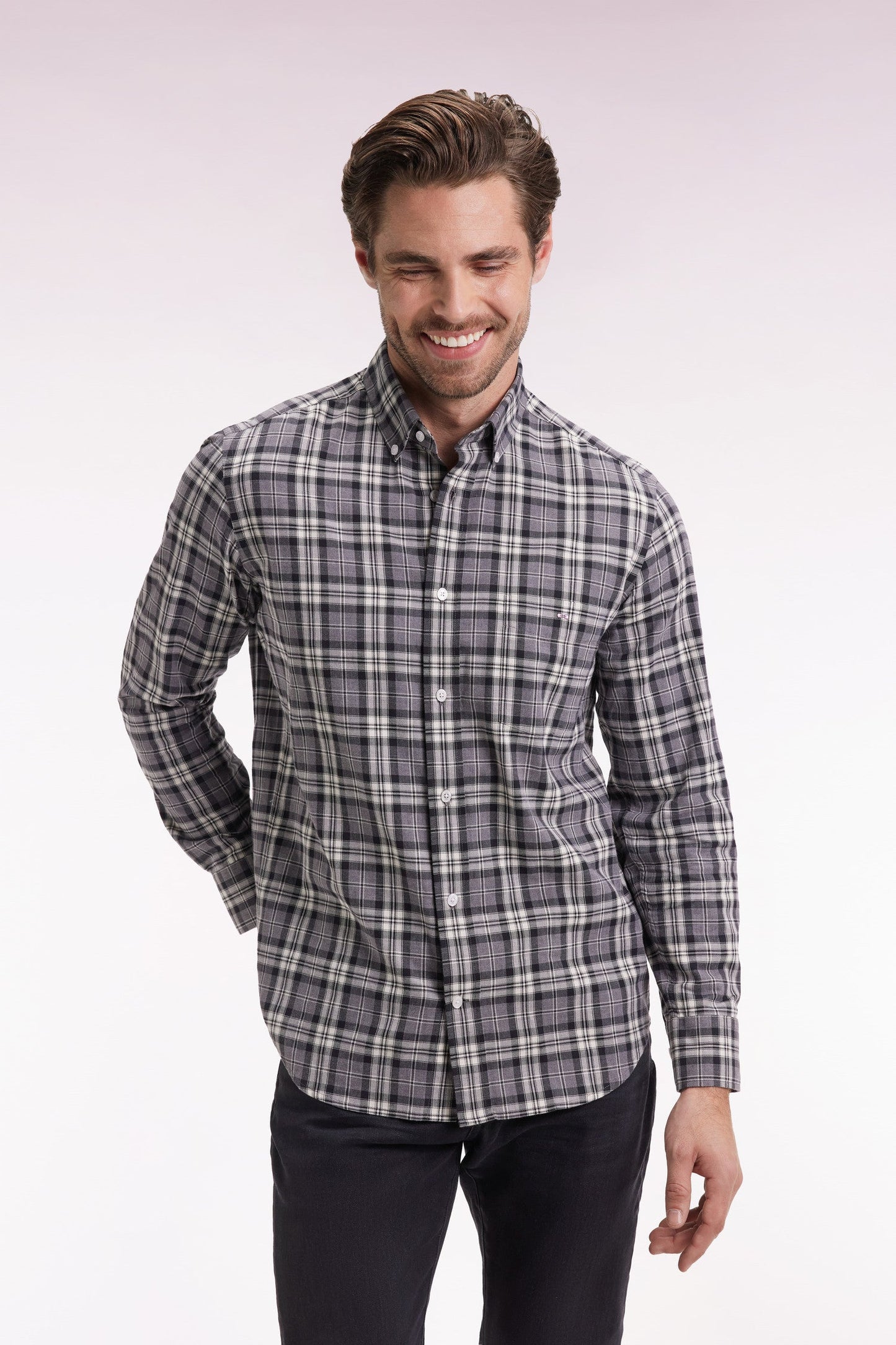 Chemise à carreaux en coton gris coupe droite