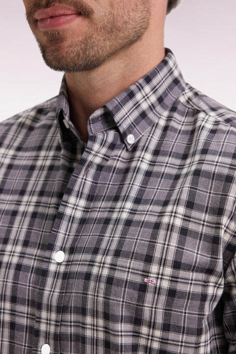 Chemise à carreaux en coton gris coupe droite - Image 3