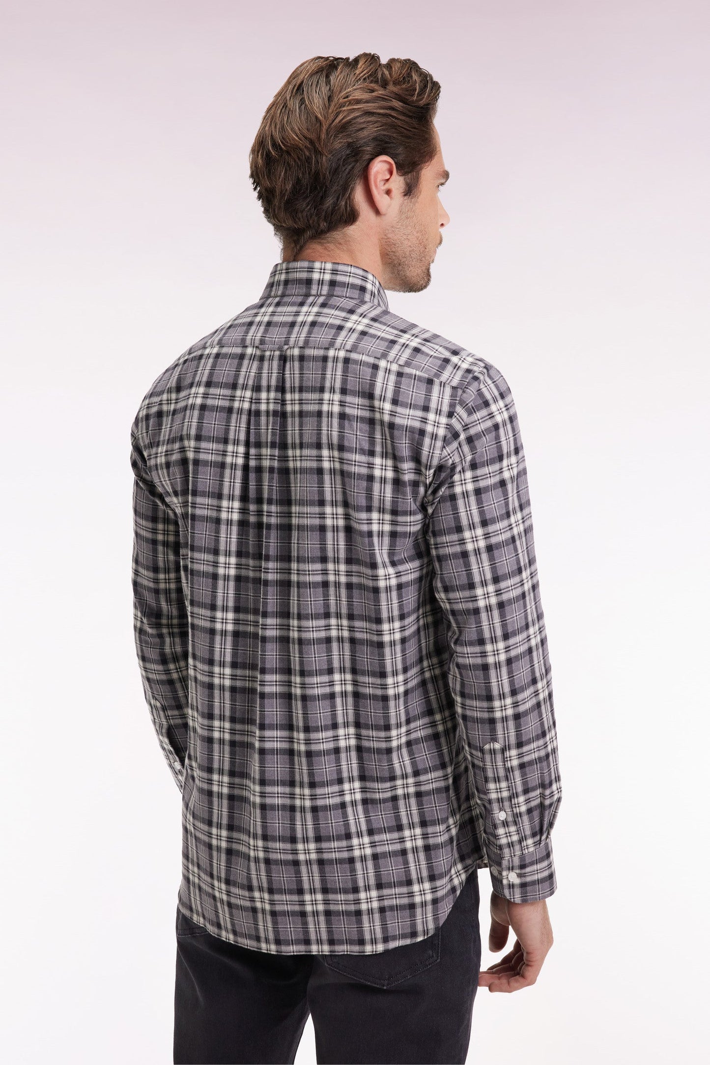 Chemise à carreaux en coton gris coupe droite