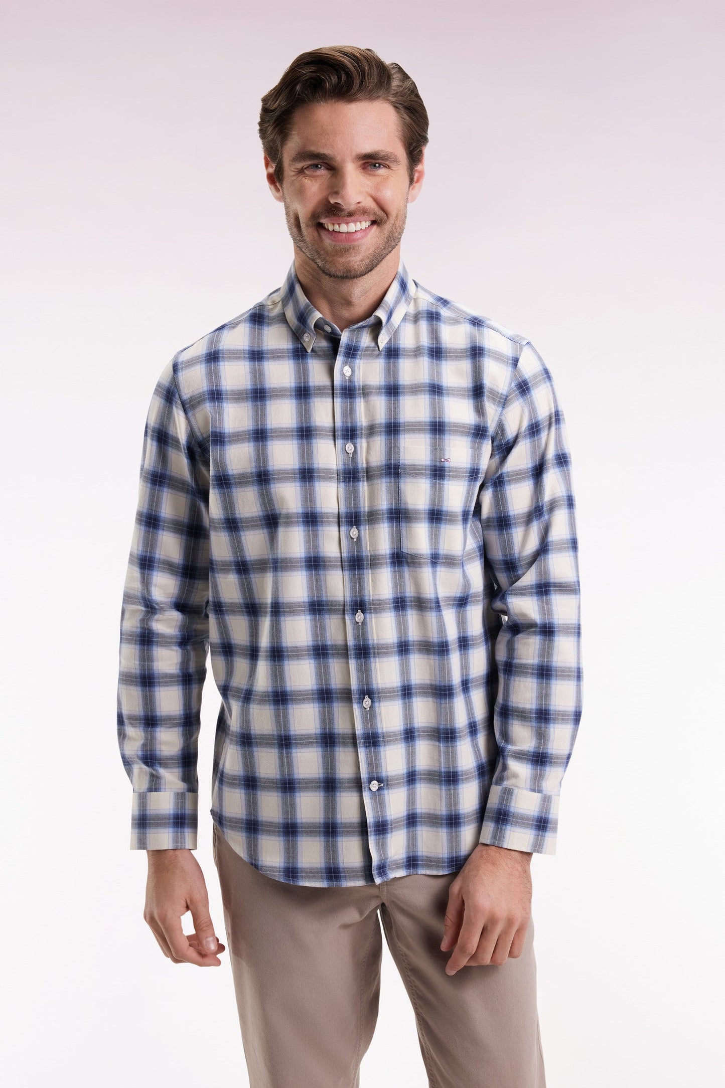 Chemise à carreaux en coton ciel coupe droite
