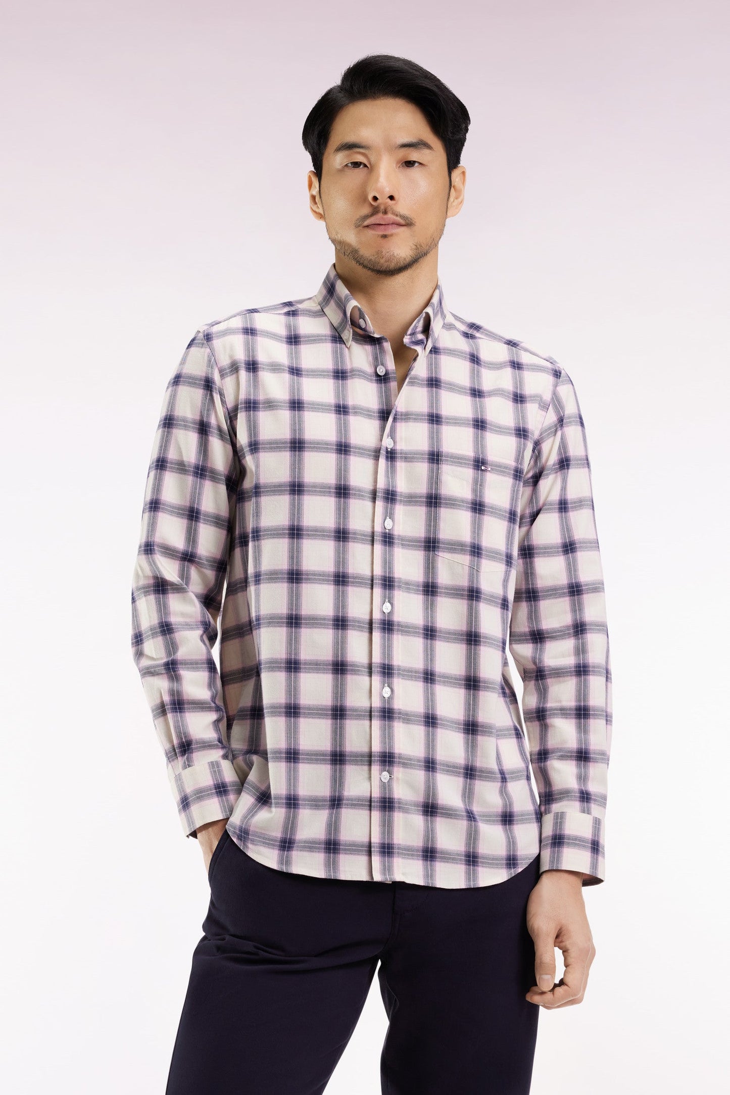 Chemise à carreaux en coton rose coupe droite
