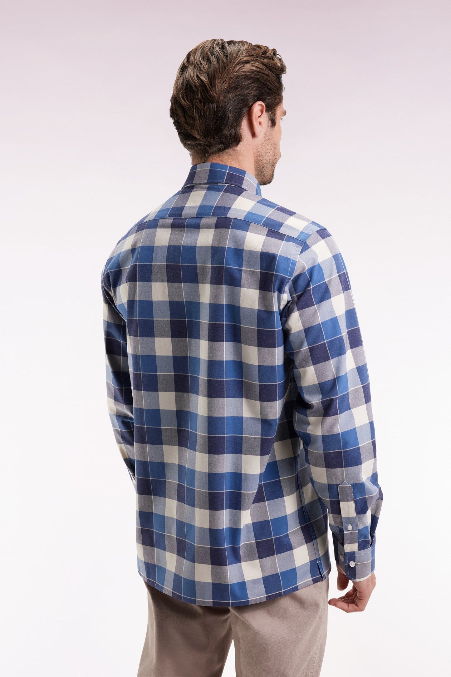Chemise à carreaux en coton bleu coupe droite