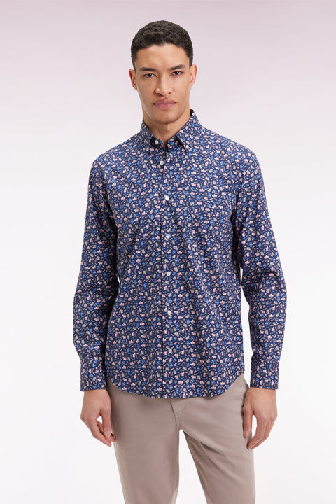 Chemise en coton bleu à micro-motifs fleurs coupe droite - Image 1