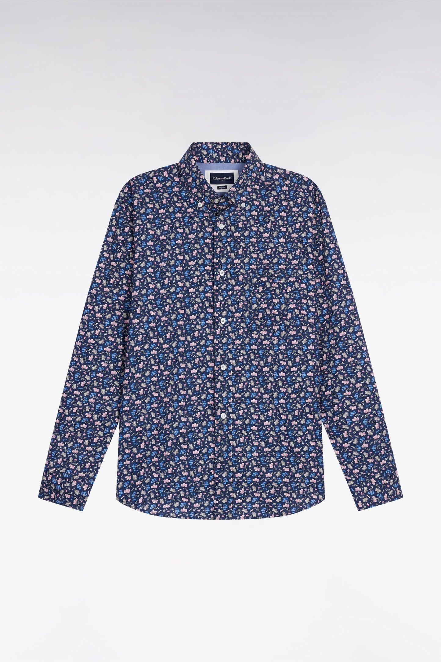 Chemise en coton bleu à micro-motifs fleurs coupe droite