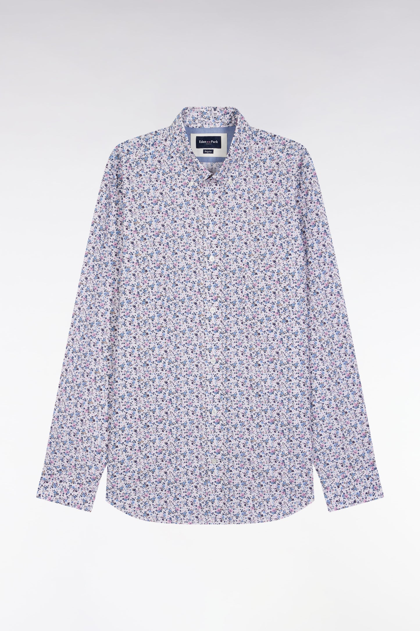 Chemise en coton beige à micro-motifs fleurs coupe droite