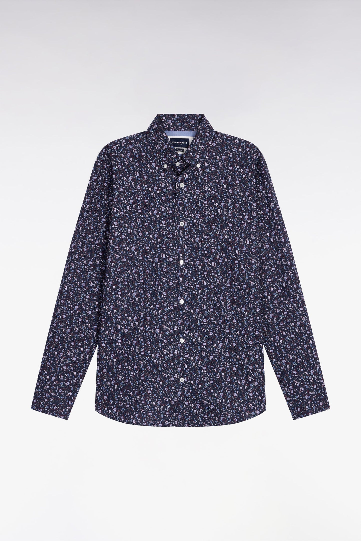Chemise en coton marine à micro-motifs fleurs coupe droite