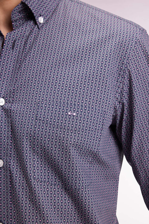 Chemise en coton marine à micro-motifs graphiques coupe droite - Image 3