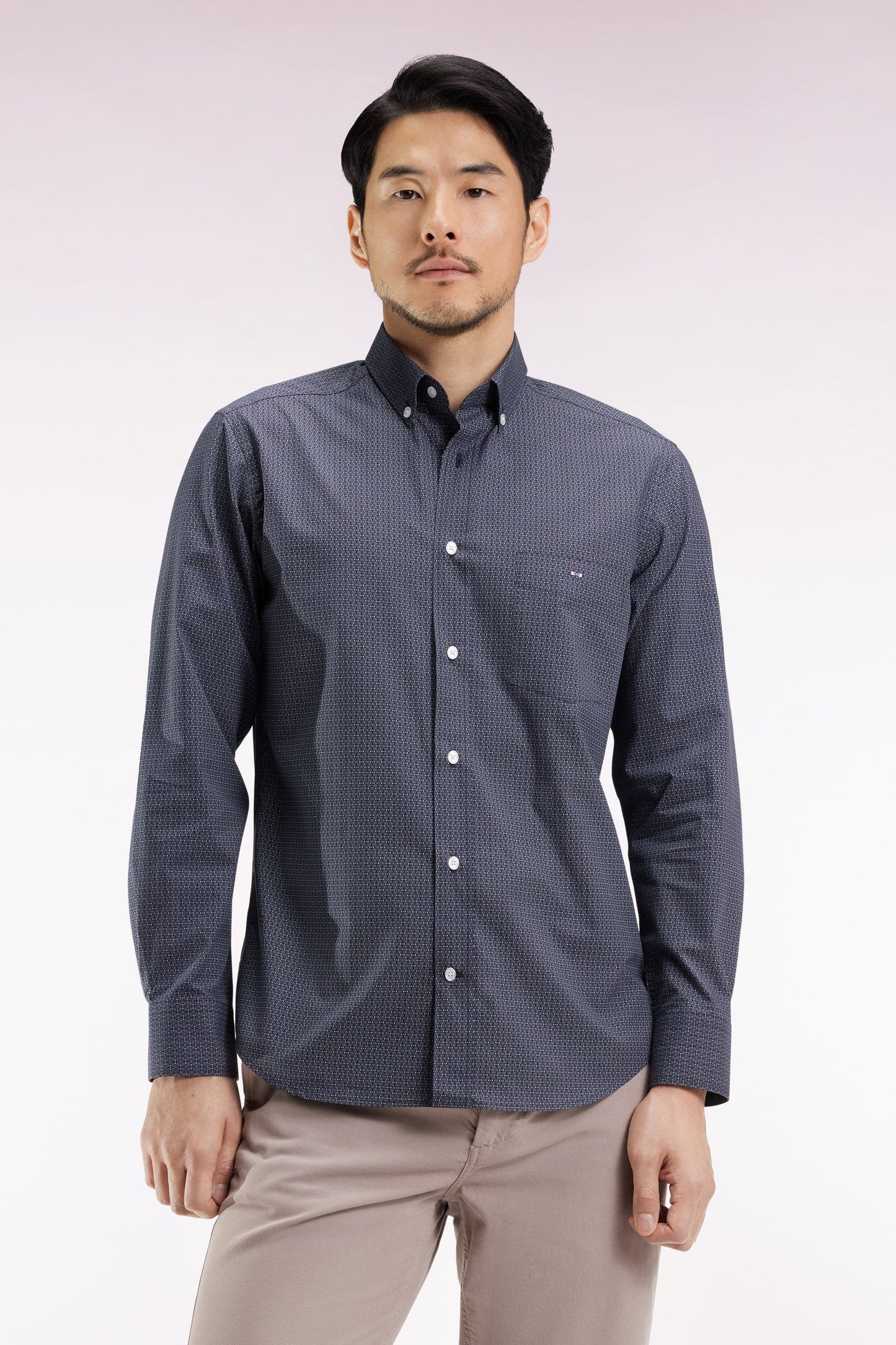 Chemise en popeline de coton à micro-motifs beige coupe droite
