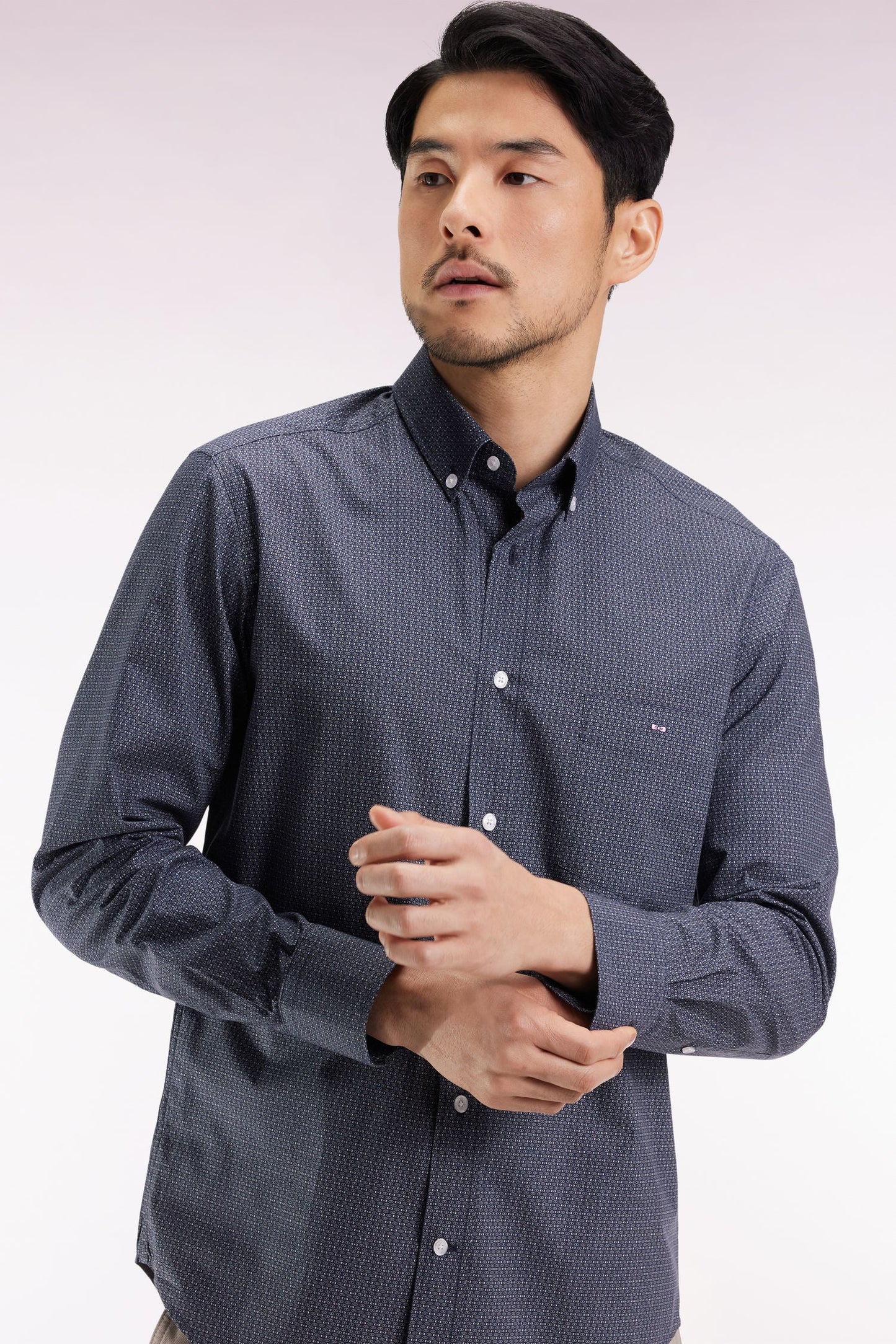 Chemise en popeline de coton à micro-motifs beige coupe droite