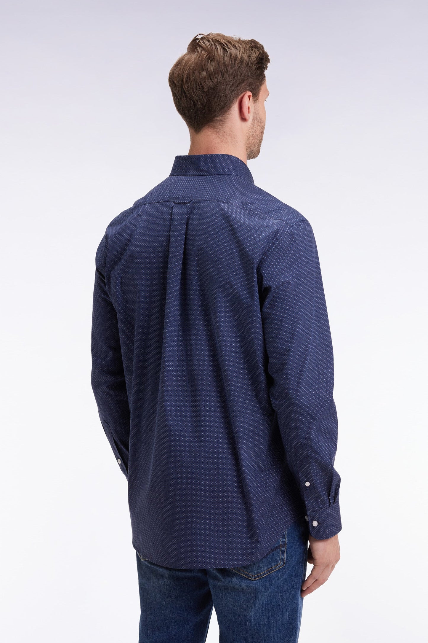 Chemise en popeline de coton à micro-motifs bleus coupe droite