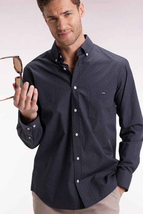 Chemise en coton gris à micro-motifs coupe droite - Image 3