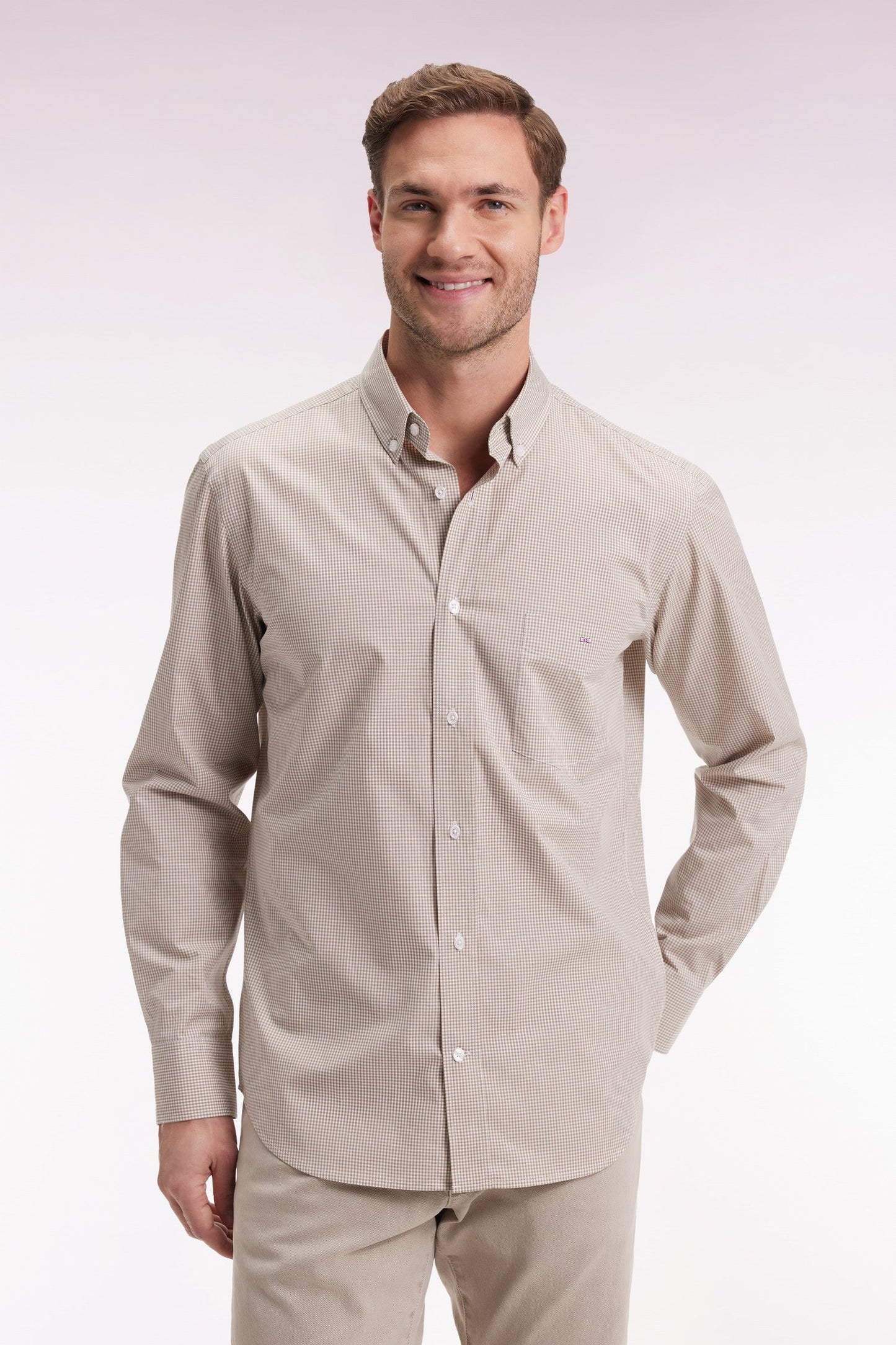 Chemise vichy en popeline de coton beige coupe droite