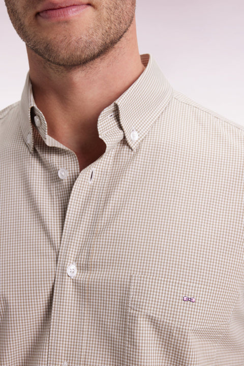 Chemise vichy en popeline de coton beige coupe droite - Image 3