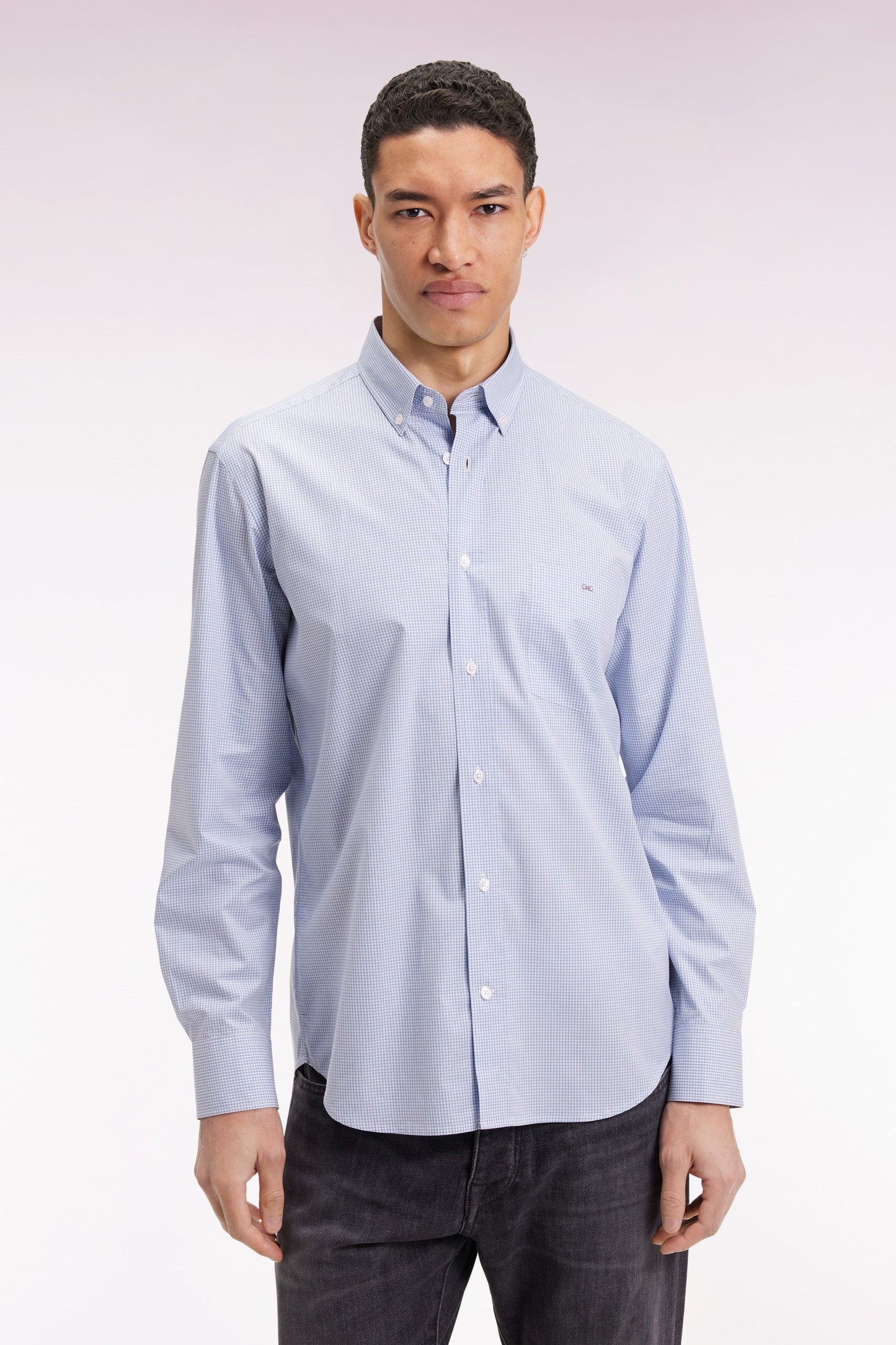 Chemise vichy en popeline de coton bleue coupe droite
