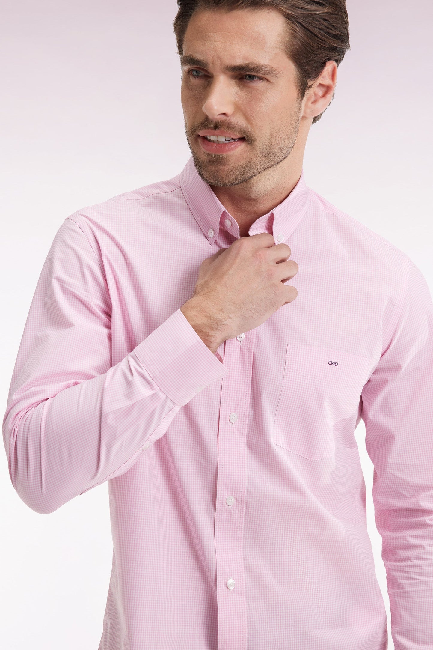 Chemise vichy en popeline de coton rose coupe droite