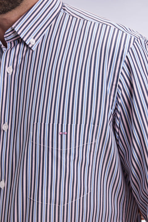 Chemise en coton marine à rayures contrastées coupe droite - Image 3