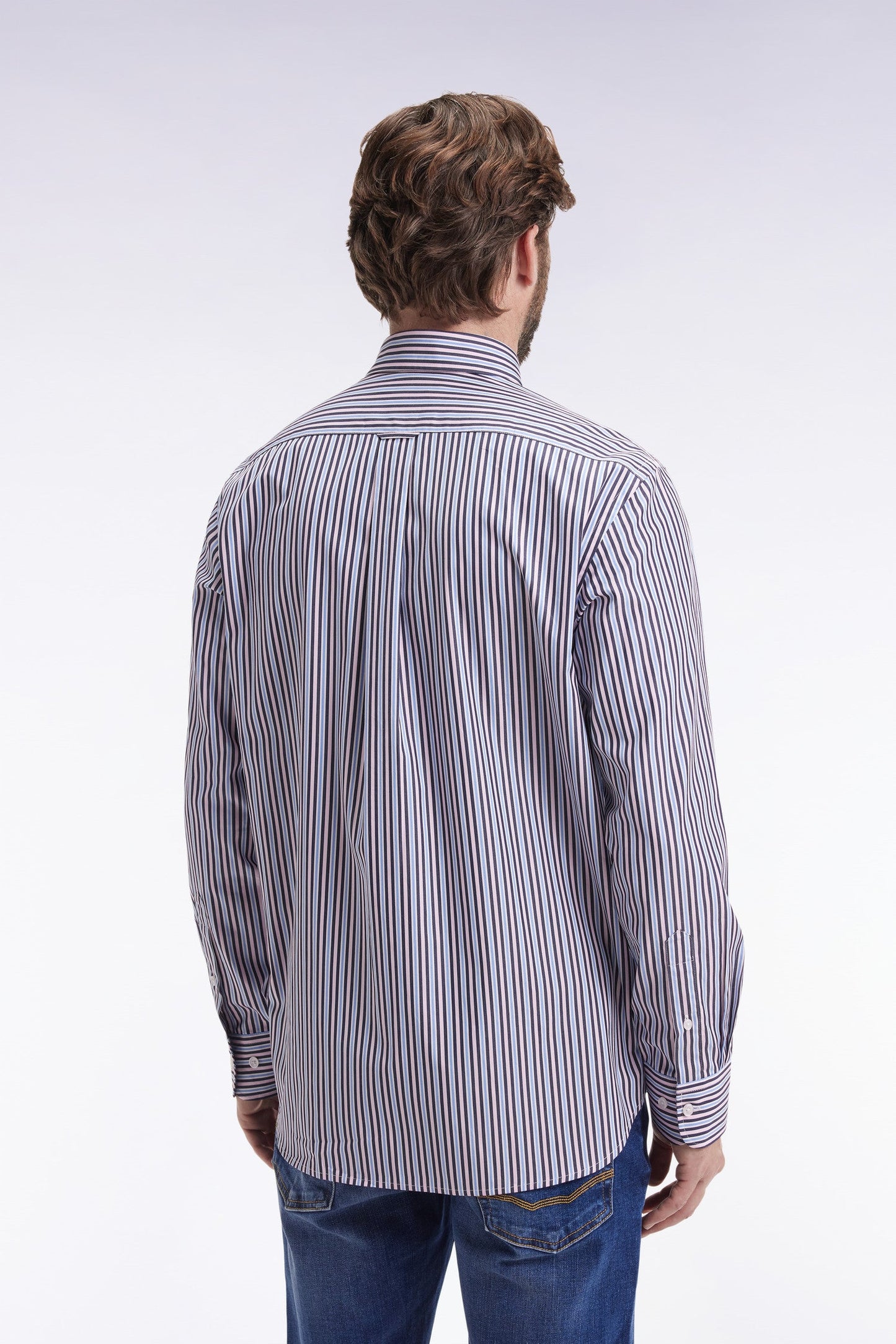 Chemise en coton marine à rayures contrastées coupe droite