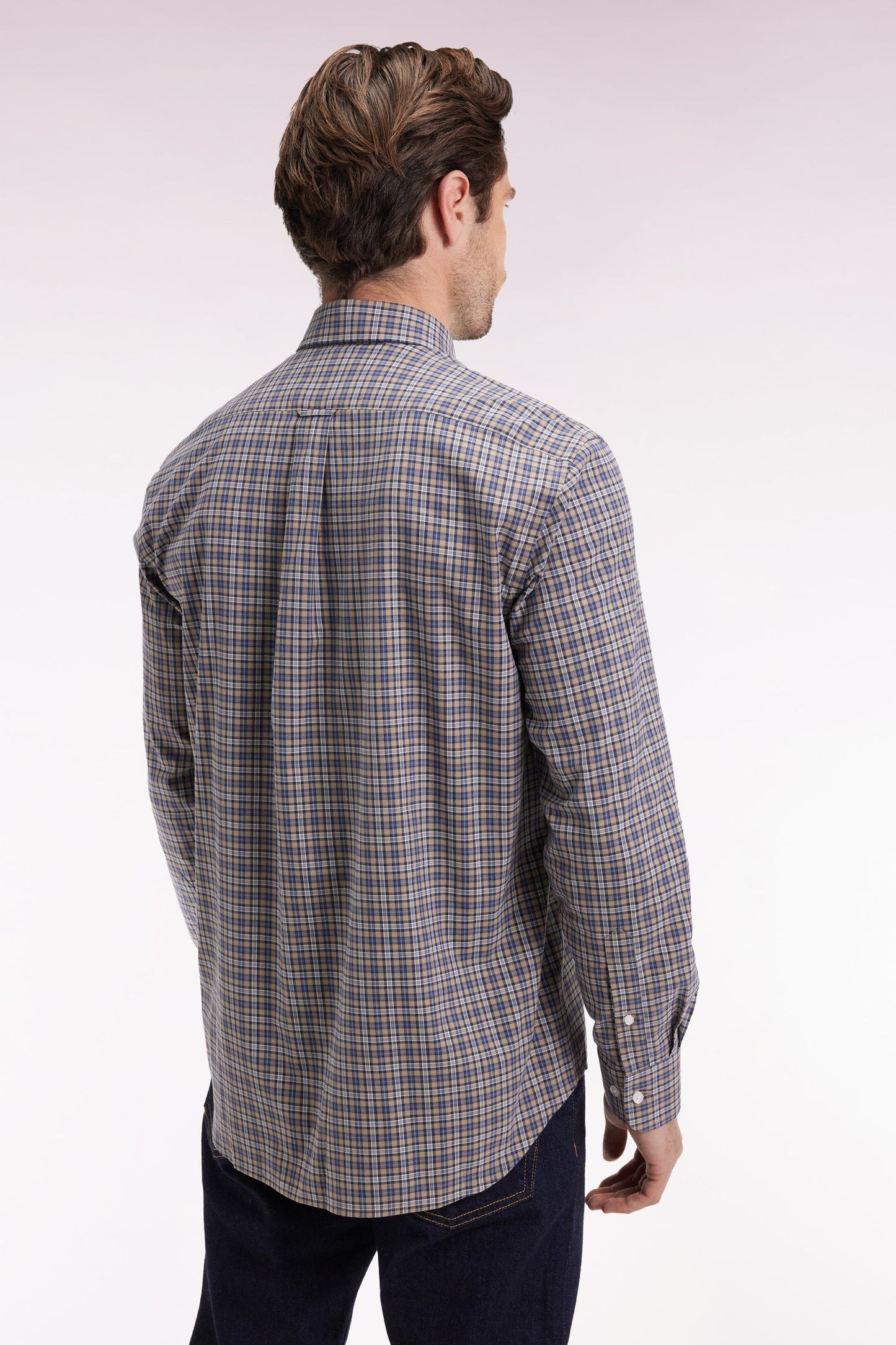 Chemise à carreaux en coton beige coupe droite