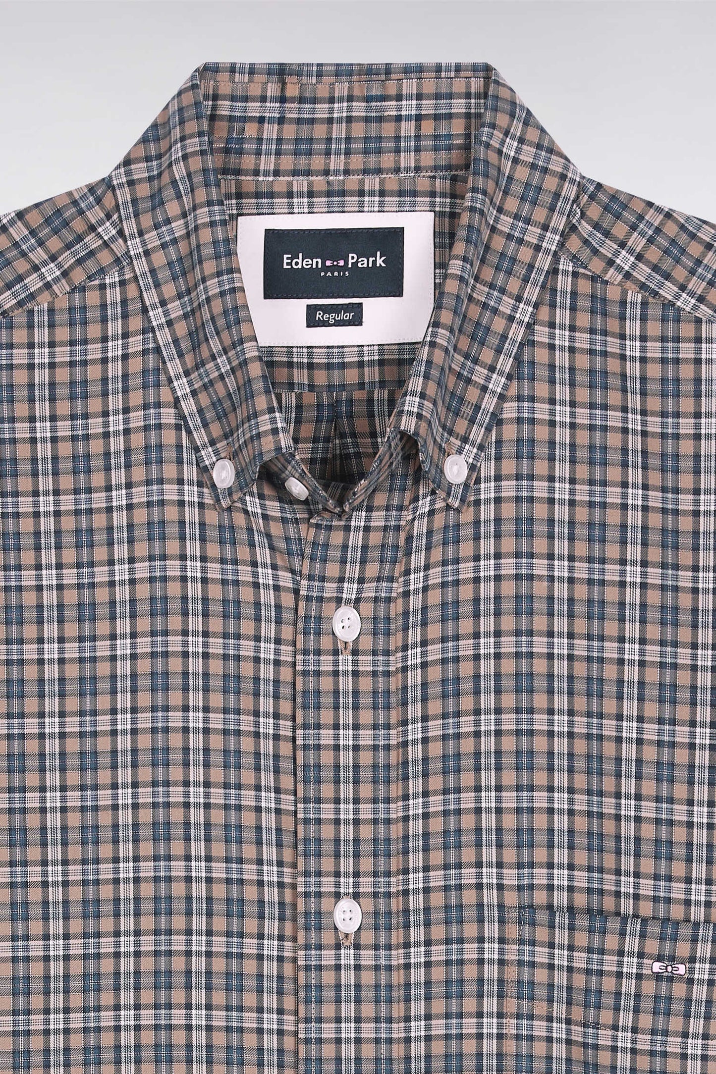 Chemise à carreaux en coton beige coupe droite