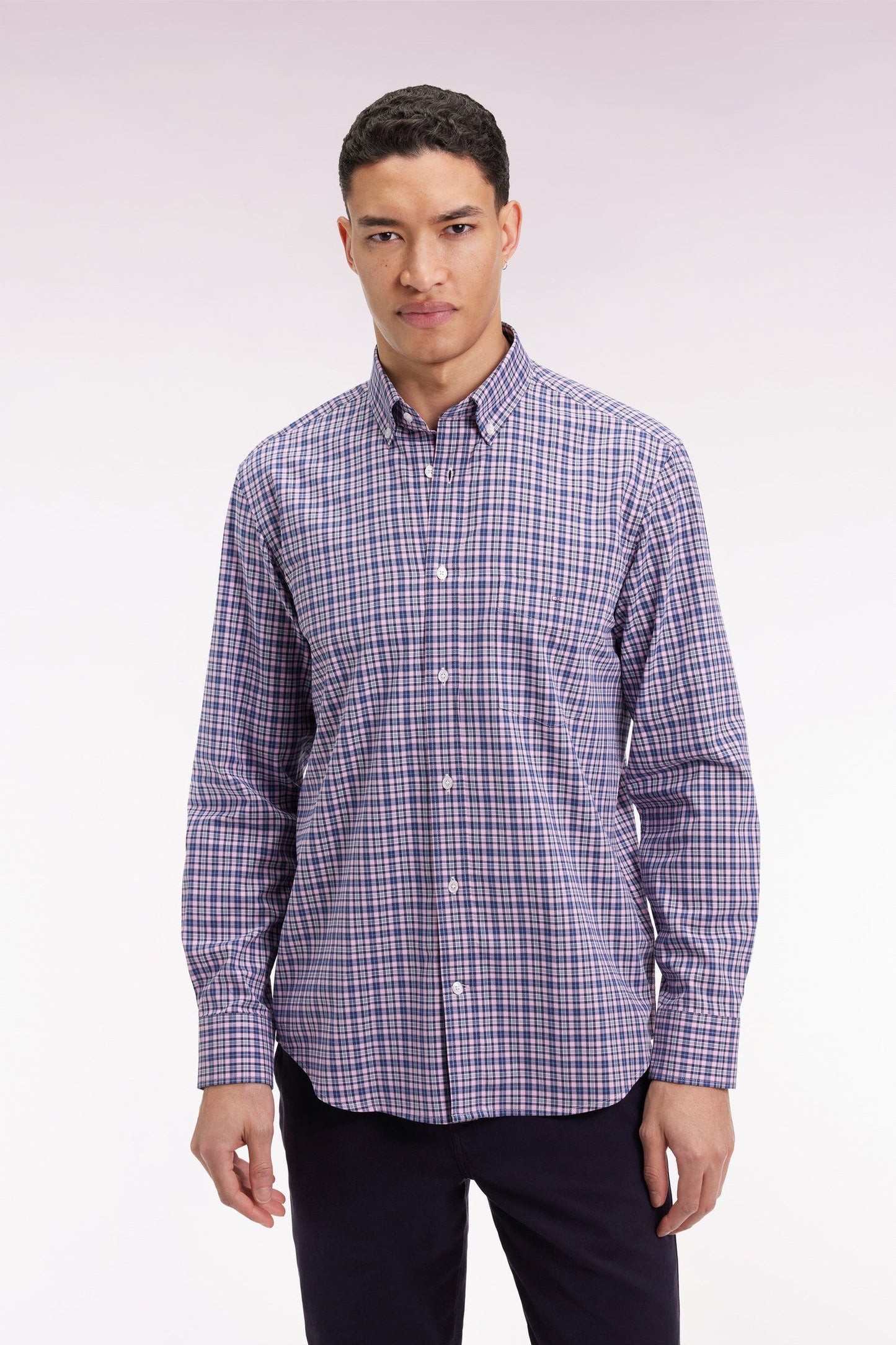 Chemise à carreaux en coton rose coupe droite