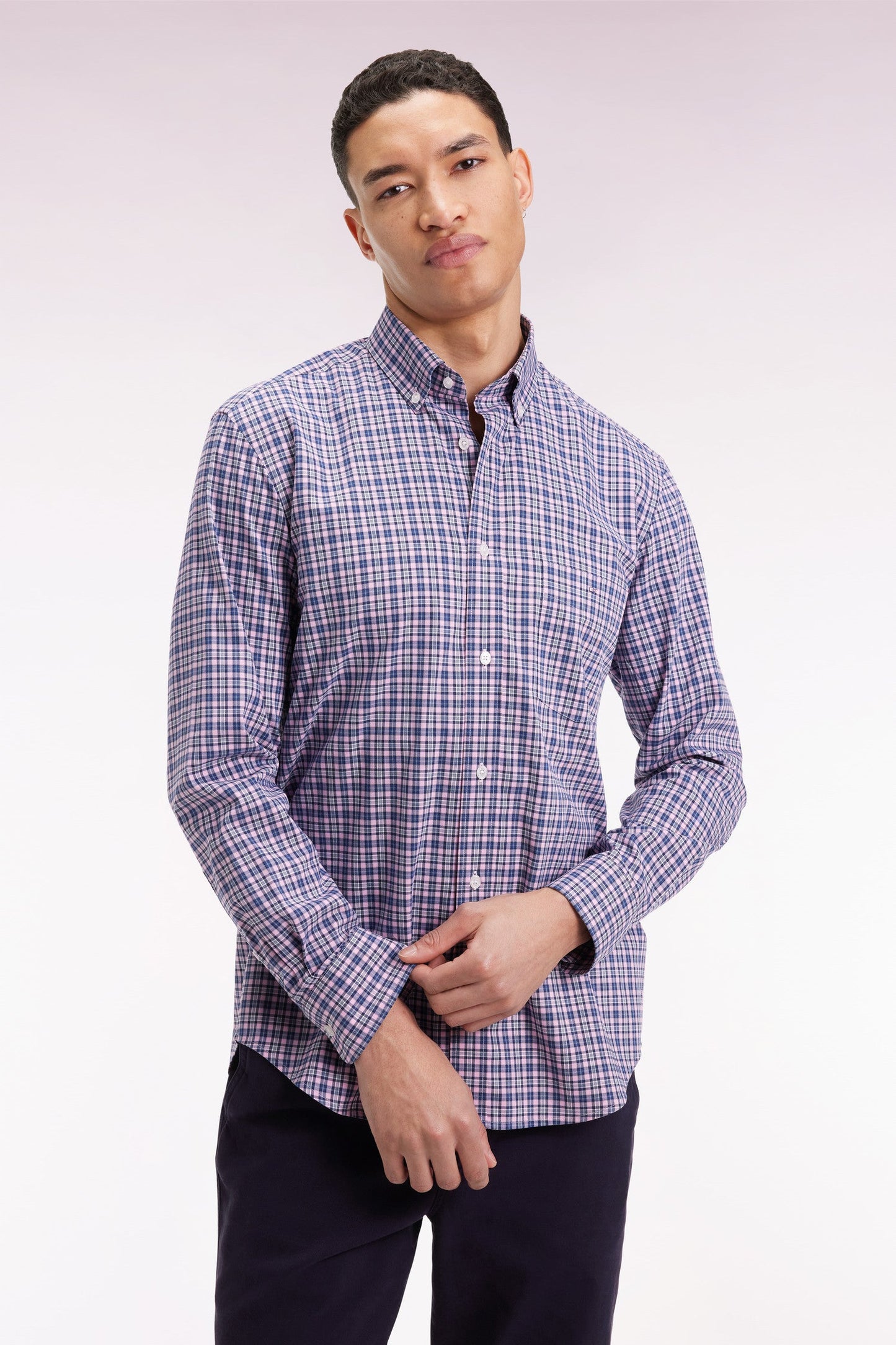 Chemise à carreaux en coton rose coupe droite