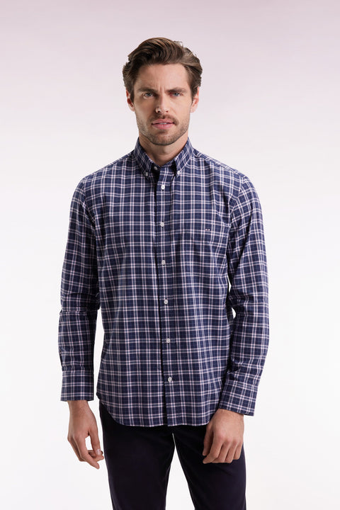 Chemise à carreaux en coton marine et rose coupe droite - Image 1