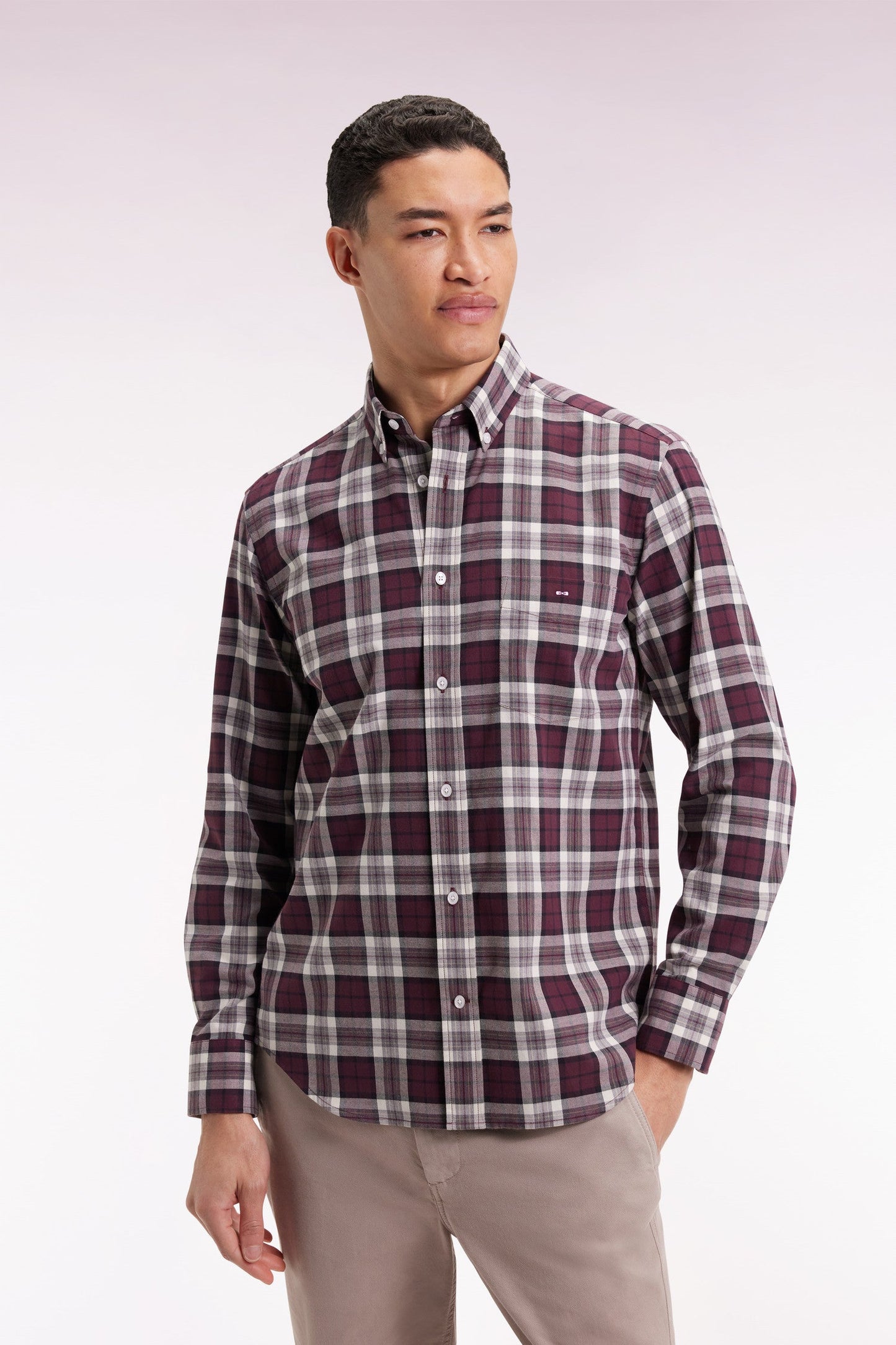 Chemise à carreaux en coton bordeaux coupe droite