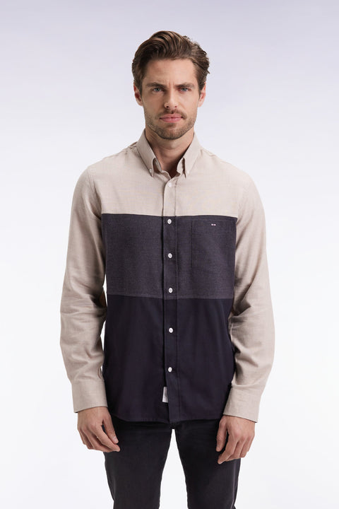 Chemise en flanelle tricolore marine et beige coupe droite - Image 1