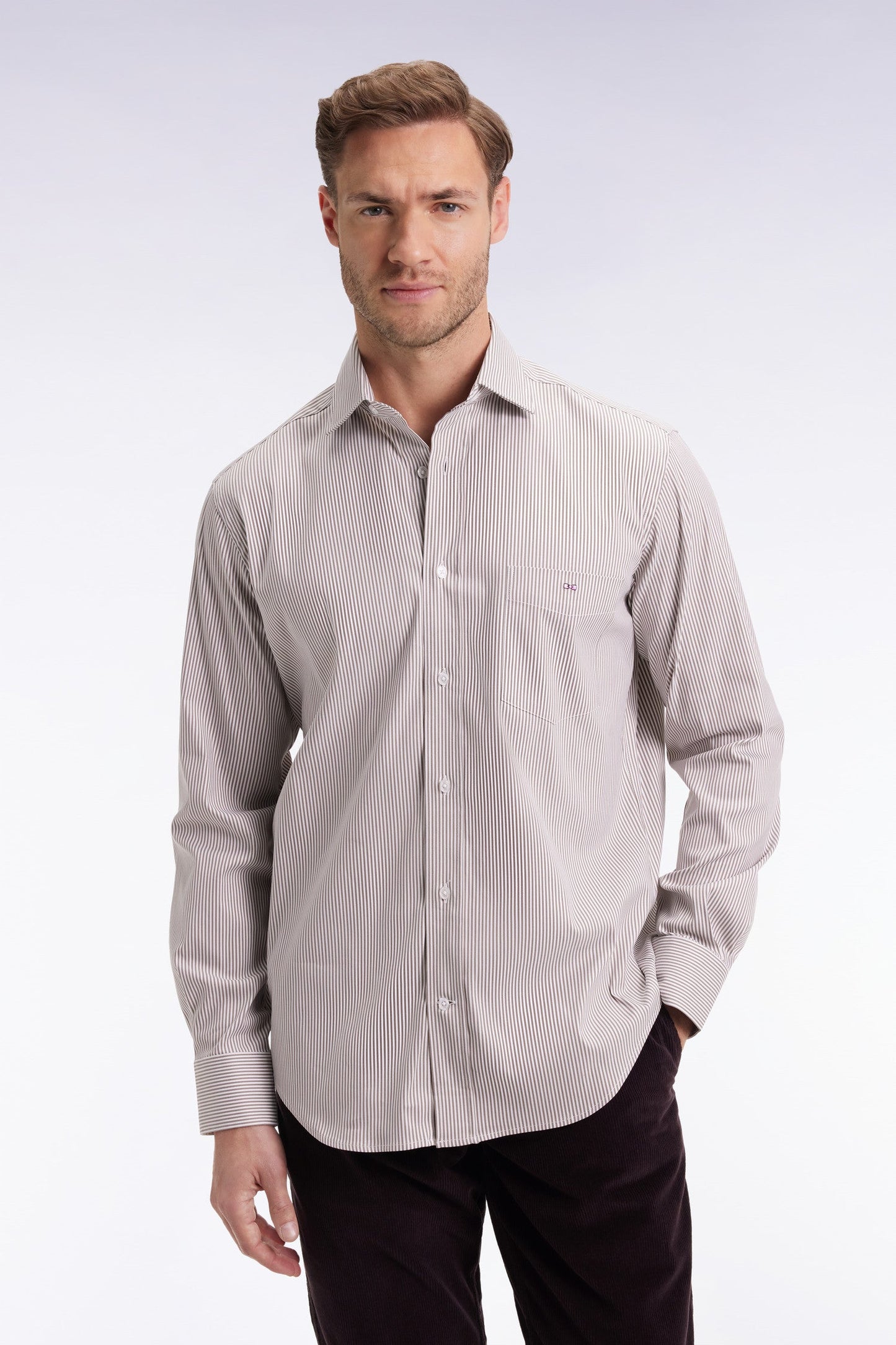 Chemise rayée en coton Pima biologique stretch beige