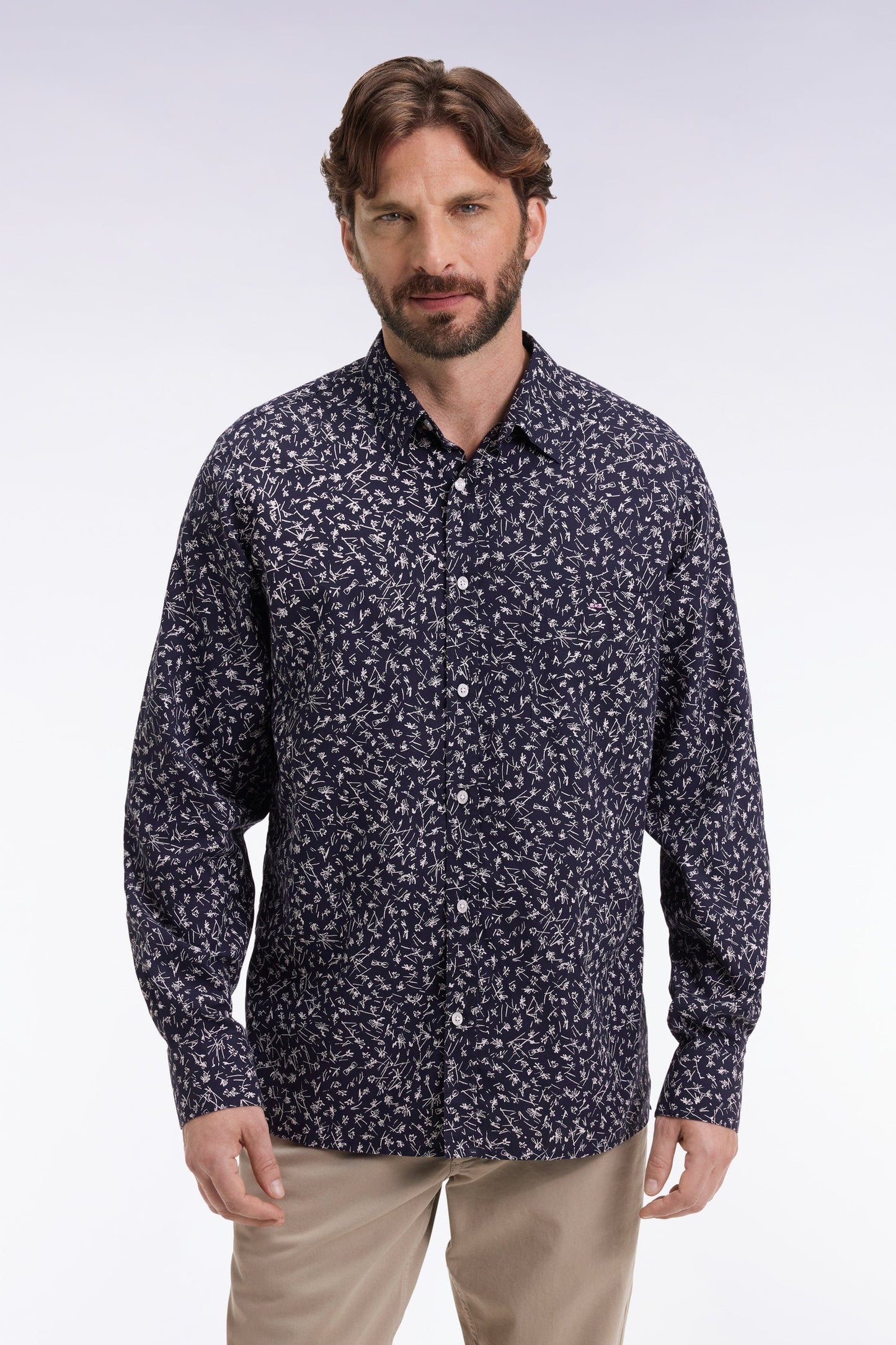 Chemise en coton marine imprimé floral coupe droite