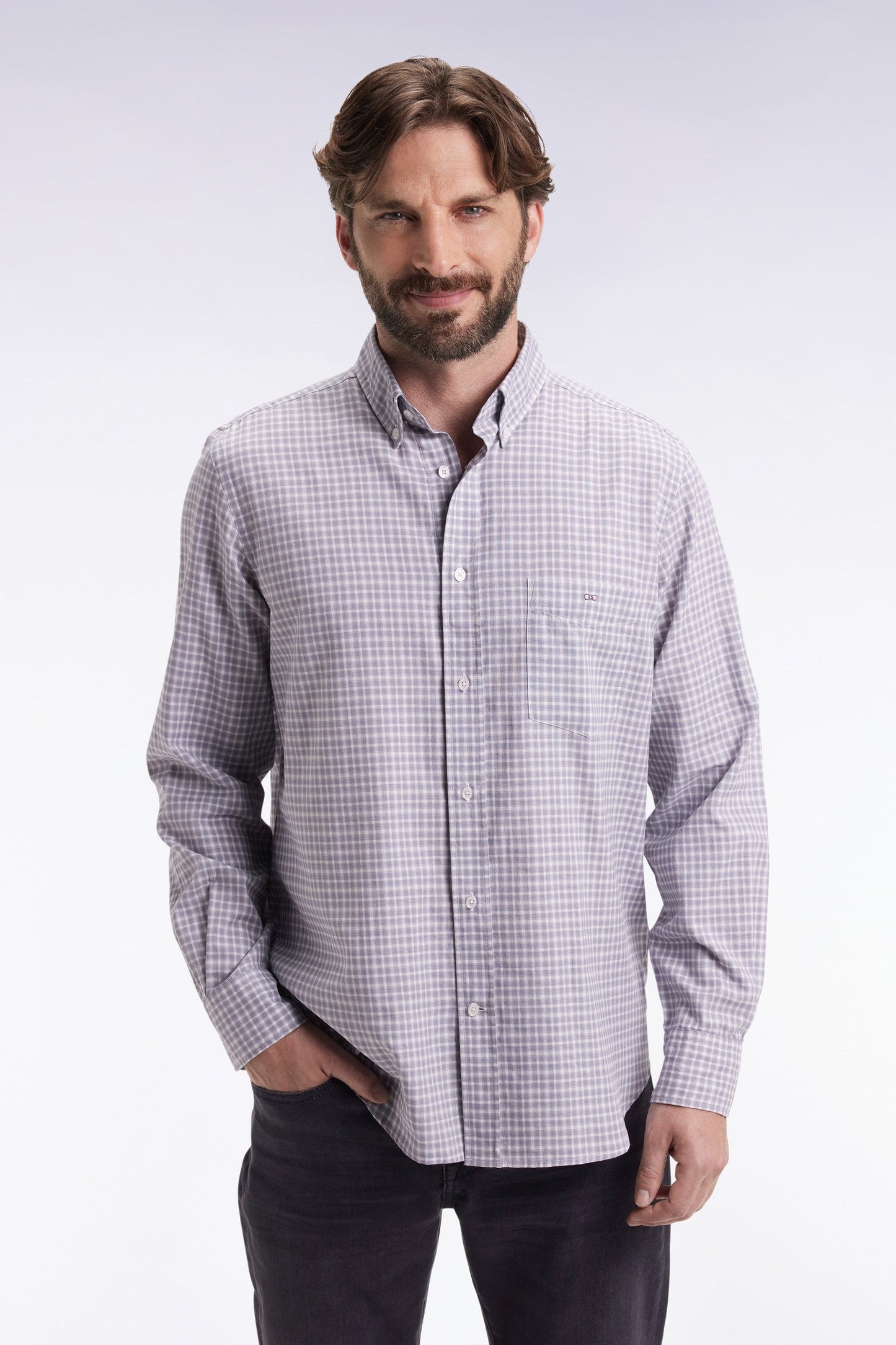 Chemise en coton à carreaux gris coupe droite