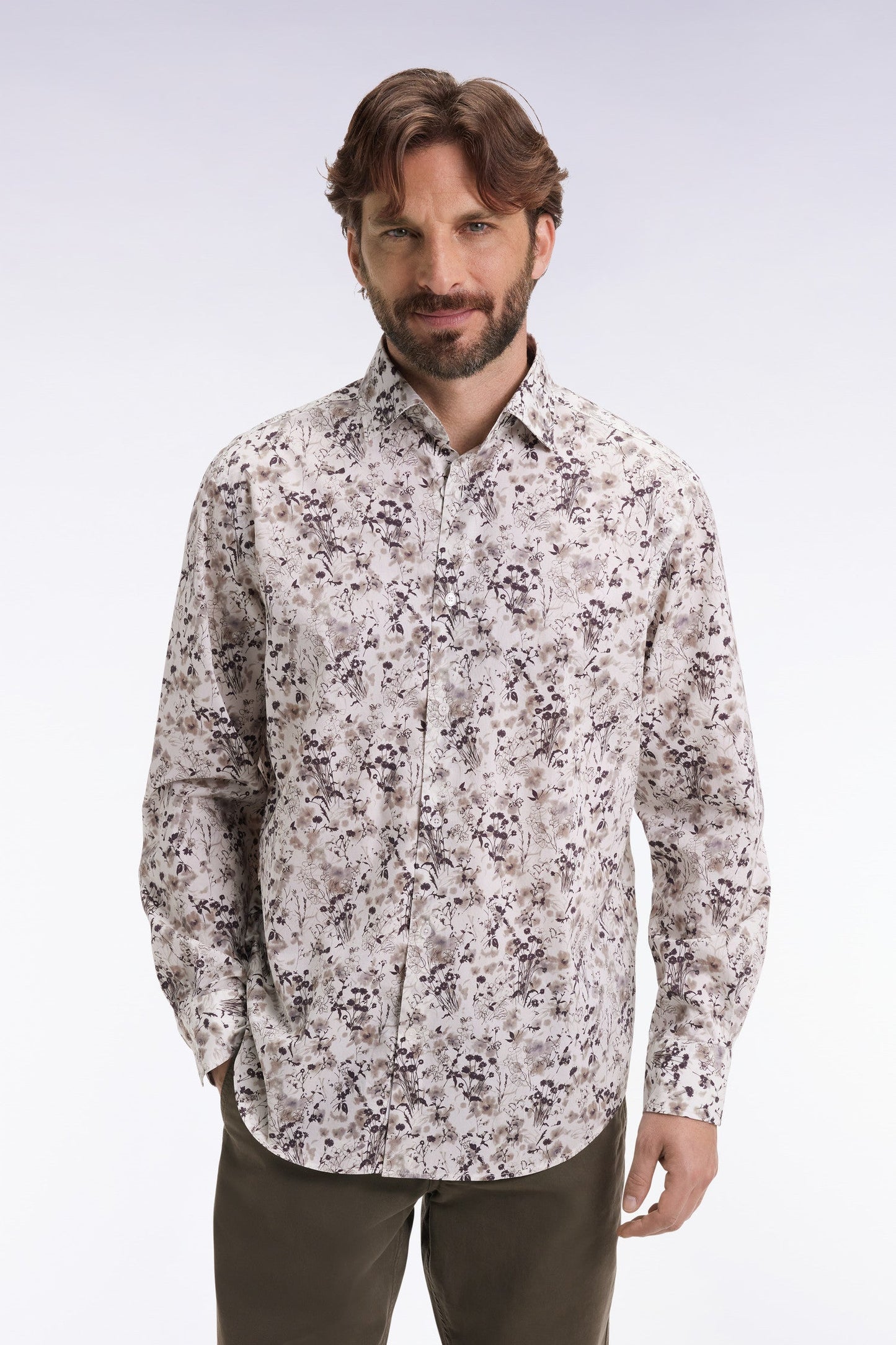 Chemise à imprimé floral en coton marron coupe droite