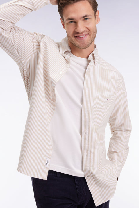 Chemise en popeline de coton rayée beige coupe droite - Image 3