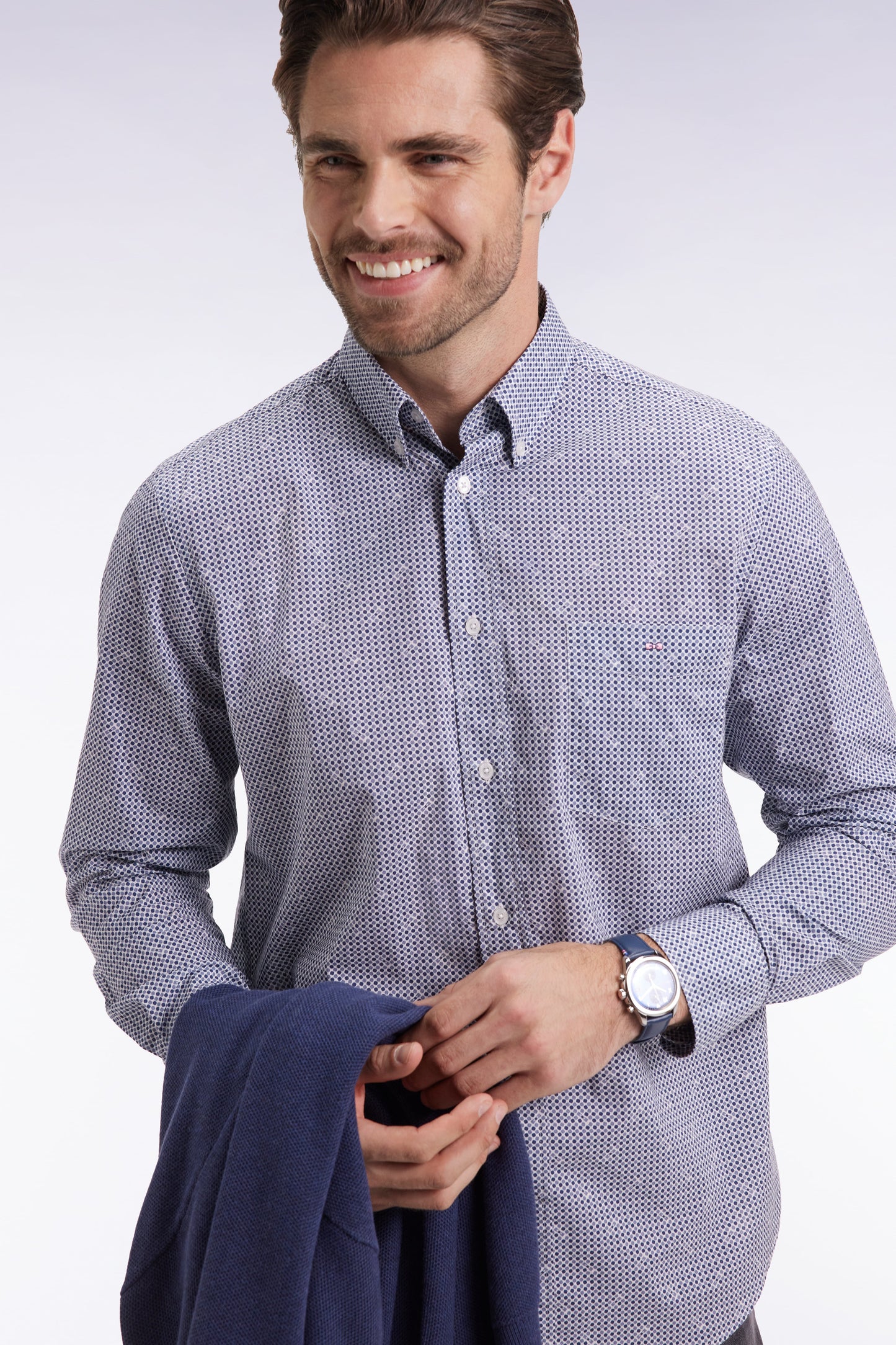 Chemise à micromotifs en coton bleu coupe droite