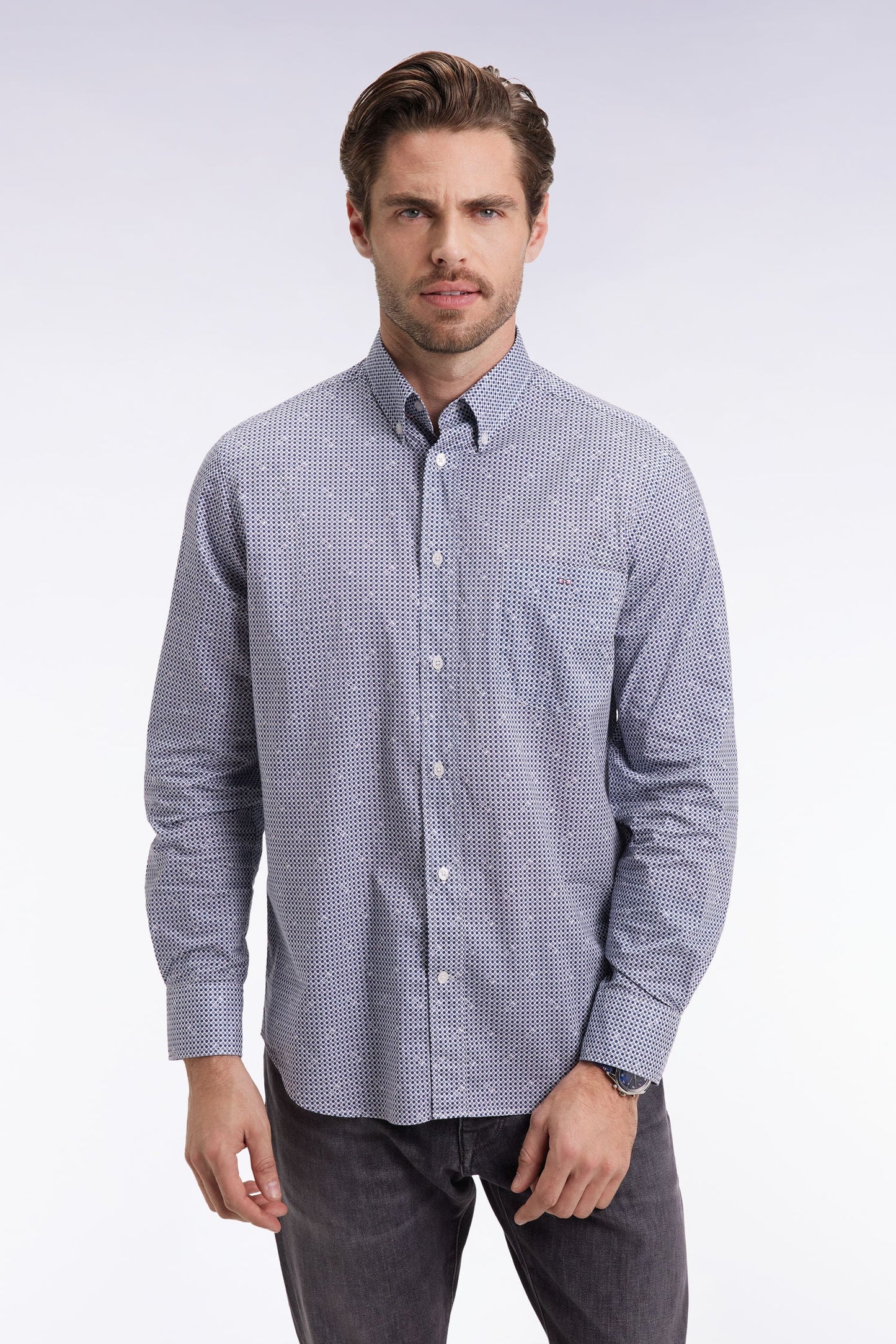 Chemise à micromotifs en coton bleu coupe droite