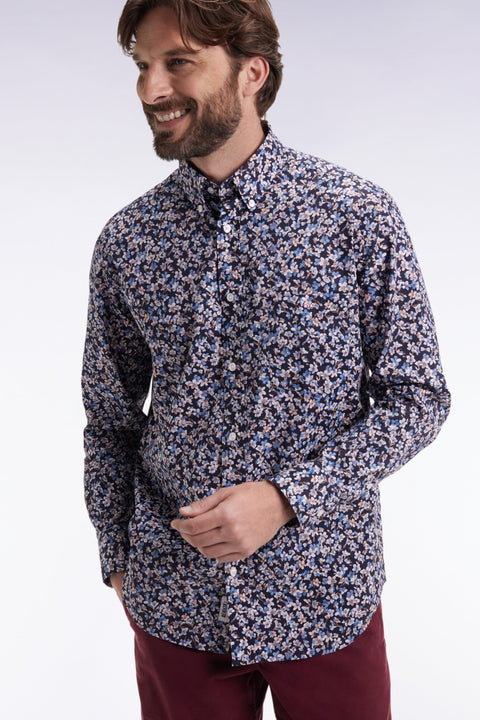 Chemise en popeline de coton à micro-motifs fleurs bleu coupe droite - Image 3
