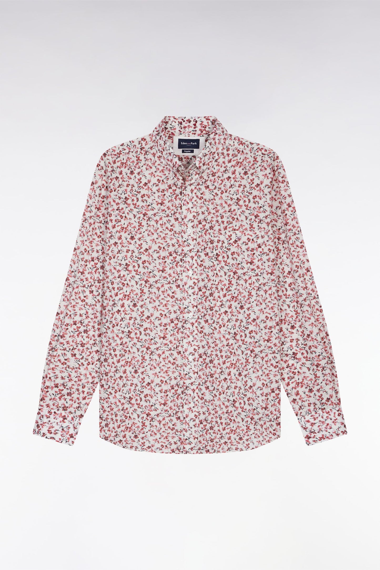 Chemise en popeline de coton à micro-motifs fleurs rouge coupe droite