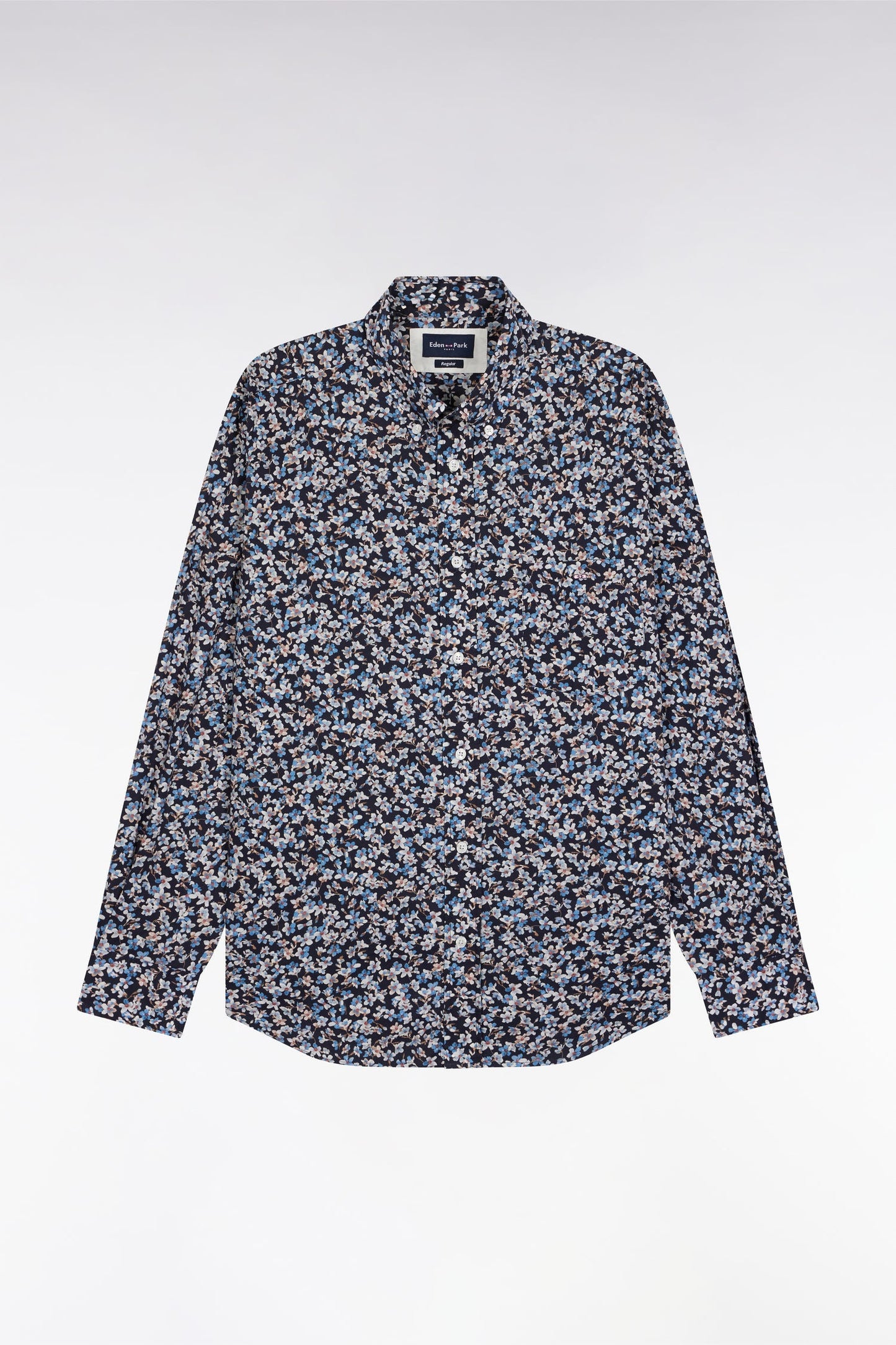 Chemise en popeline de coton à micro-motifs fleurs bleu coupe droite