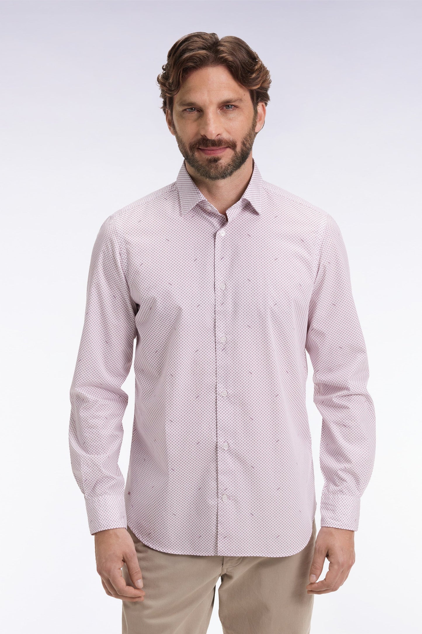 Chemise en popeline de coton à micro-motifs bordeaux coupe slim