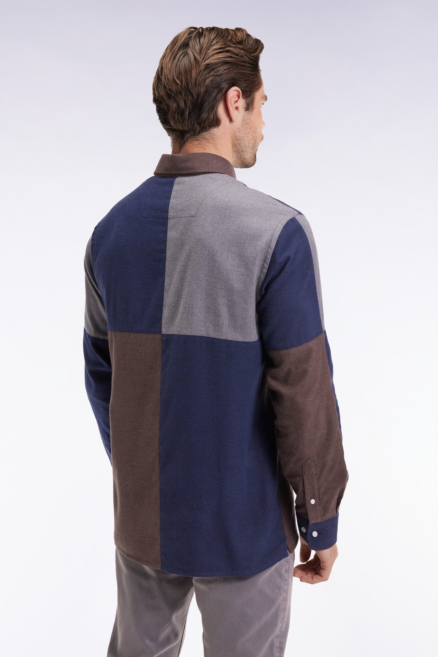 Chemise tricolore en flanelle de coton marine coupe droite